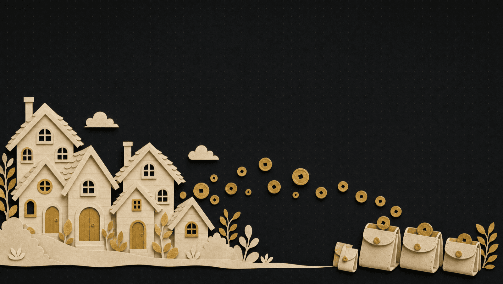 Gold coins streaming from a row of paper houses toward holder wallet pouches
